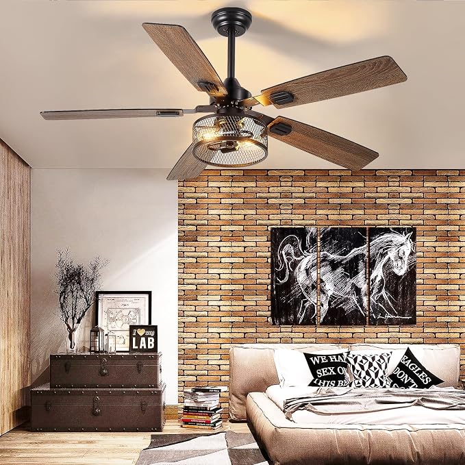 52-Inch Ceiling Fans with Lights: Caged Ceiling Fans Dual Finish 5 Blades - Rustic Ceiling Fan with Remote, alternate view 8