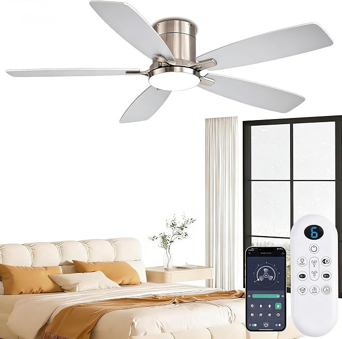 52 inch Ceiling Fans with Lights, Flush Mount Ceiling Fan with Light and Remote/APP Control, DC Motor, Dimmable LED