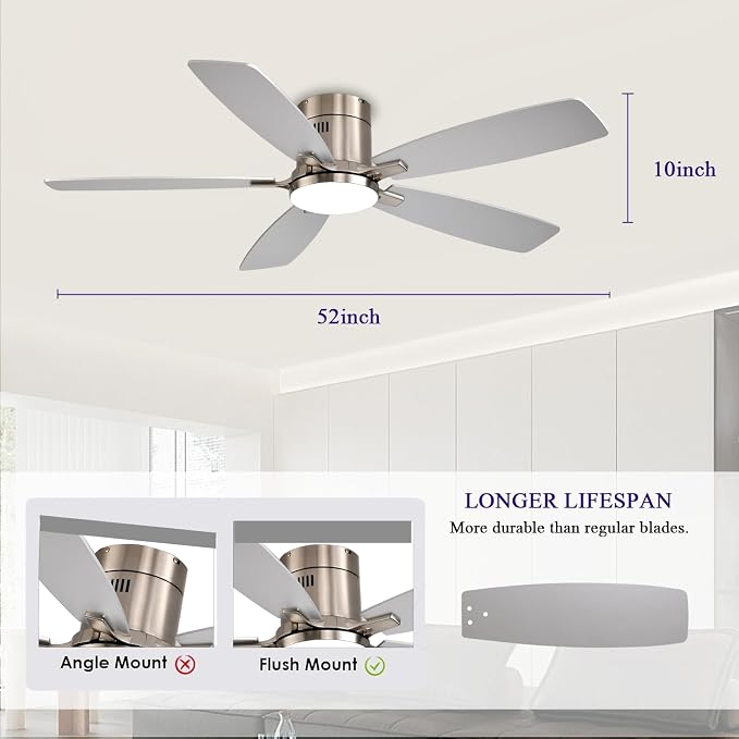 52 inch Ceiling Fans with Lights, Flush Mount Ceiling Fan with Light and Remote/APP Control, DC Motor, Dimmable LED