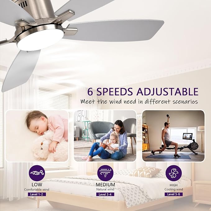 52 inch Ceiling Fans with Lights, Flush Mount Ceiling Fan with Light and Remote/APP Control, DC Motor, Dimmable LED
