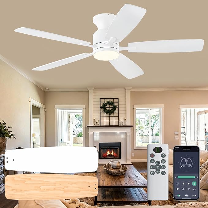 52 Inch Ceiling Fans with Lights, Flush Mount Ceiling Fan with Remote/APP Control, 3CCT Dimmable, Double-Sided