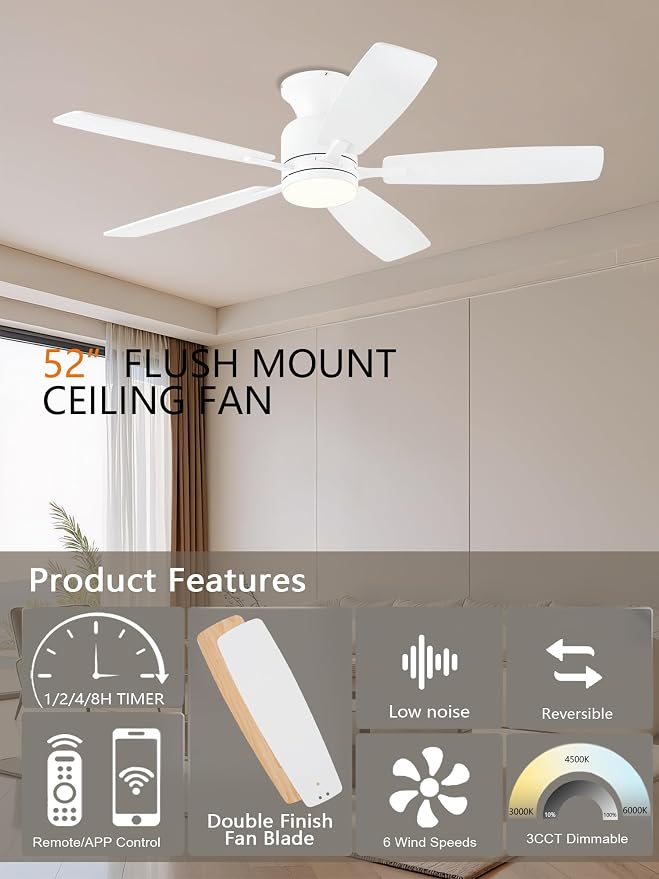 52 Inch Ceiling Fans with Lights, Flush Mount Ceiling Fan with Remote/APP Control, 3CCT Dimmable, Double-Sided, alternate