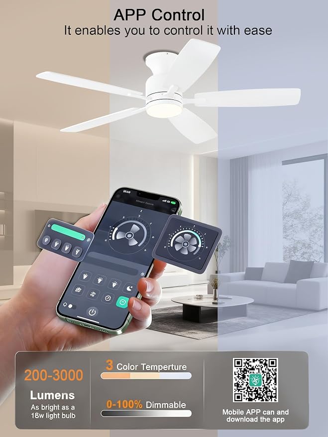 52 Inch Ceiling Fans with Lights, Flush Mount Ceiling Fan with Remote/APP Control, 3CCT Dimmable, Double-Sided, alternate