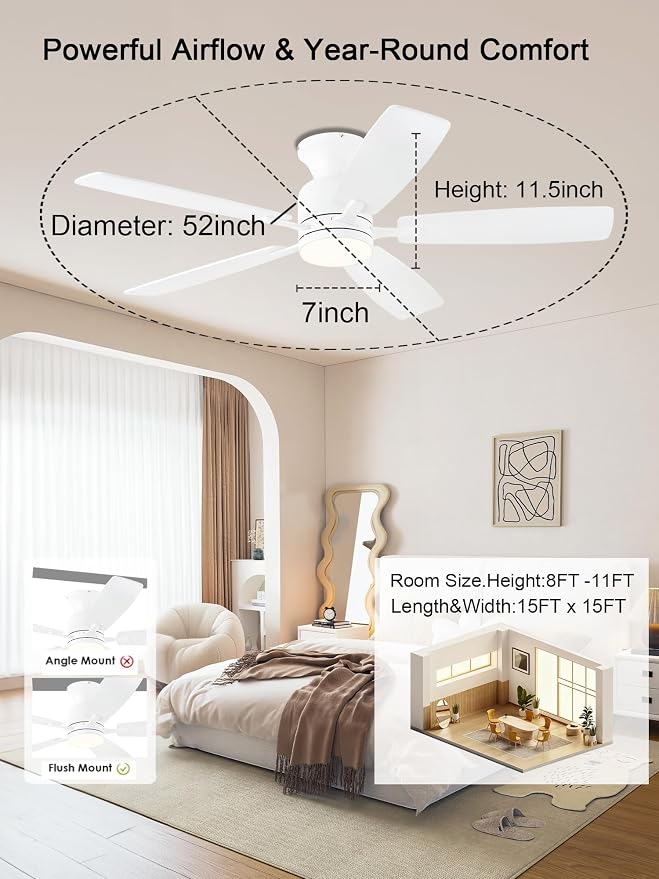 52 Inch Ceiling Fans with Lights, Flush Mount Ceiling Fan with Remote/APP Control, 3CCT Dimmable, Double-Sided, alternate