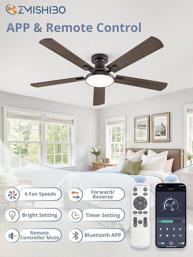 52 Inch Ceiling Fans with Lights, Flush Mount Low Profile Ceiling Fan with 6 Speeds & 3CCT, Smart Remote&APP Control