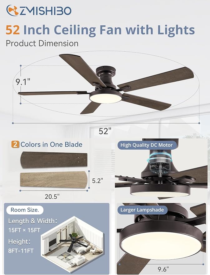 52 Inch Ceiling Fans with Lights, Flush Mount Low Profile Ceiling Fan with 6 Speeds & 3CCT, Smart Remote&APP Control