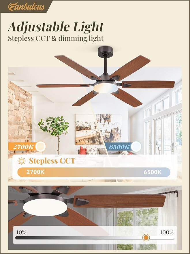 52 Inch Ceiling Fans with Lights, Indoor/Outdoor Modern Ceiling Fan with Reversible Blade And 2 Rods, Quiet DC Motor, 3CCT &