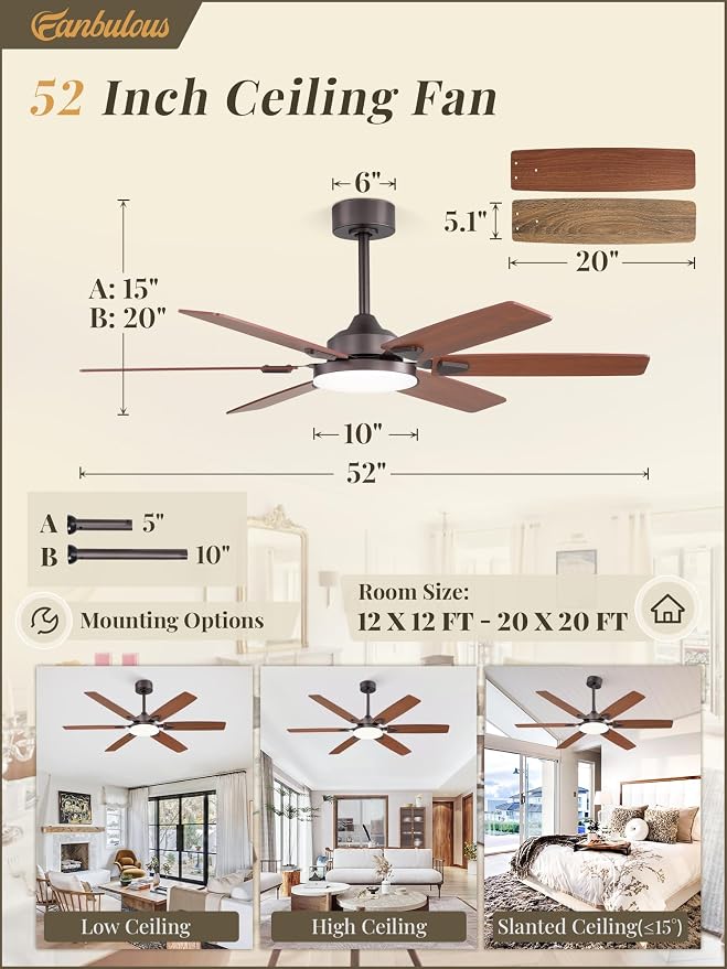 52 Inch Ceiling Fans with Lights, Indoor/Outdoor Modern Ceiling Fan with Reversible Blade And 2 Rods, Quiet DC Motor, 3CCT &