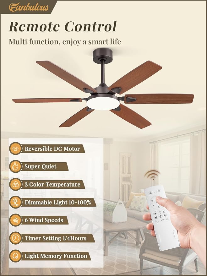52 Inch Ceiling Fans with Lights, Indoor/Outdoor Modern Ceiling Fan with Reversible Blade And 2 Rods, Quiet DC Motor, 3CCT &