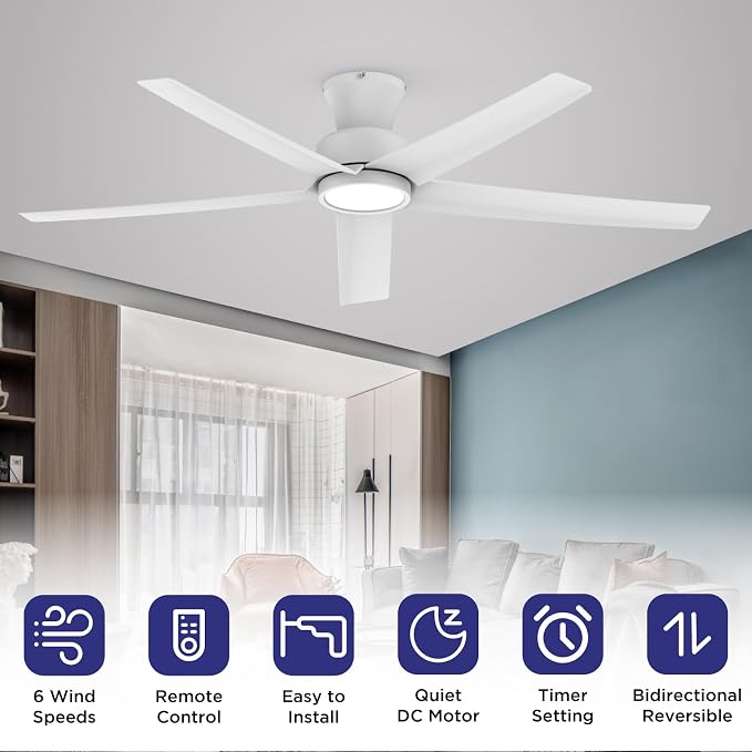52 inch Ceiling Fans with Lights, Large Air Volume Ceiling Fans with Reversible Quiet DC Motor and Remote(White), alternate