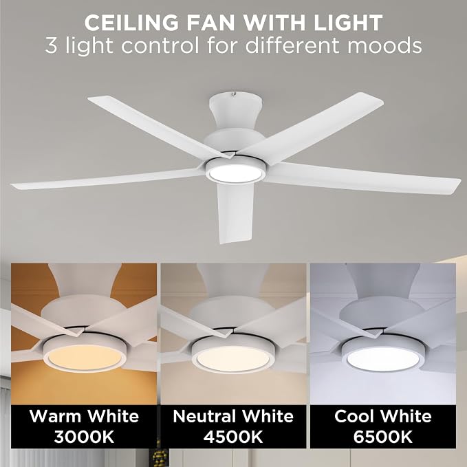 52 inch Ceiling Fans with Lights, Large Air Volume Ceiling Fans with Reversible Quiet DC Motor and Remote(White), alternate