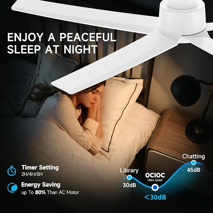 52 inch Ceiling Fans with Lights, Large Air Volume Ceiling Fans with Reversible Quiet DC Motor and Remote(White), alternate