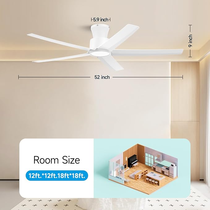 52 inch Ceiling Fans with Lights, Large Air Volume Ceiling Fans with Reversible Quiet DC Motor and Remote(White), alternate