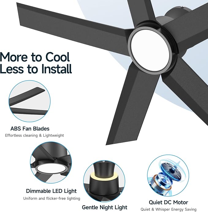 52 Inch Ceiling Fans with Lights, Large Air Volume Ceiling Fan with Backlight, Ultra Quiet Reversible DC Motor with