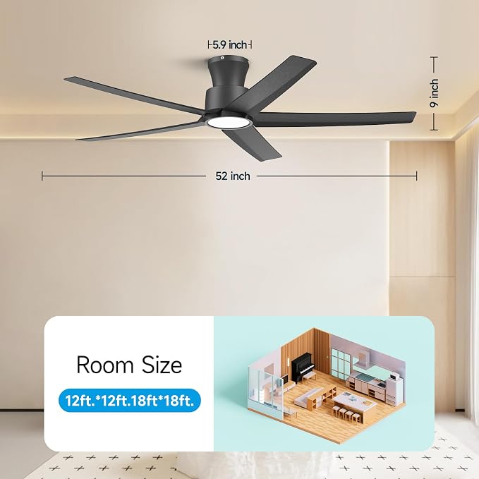 52 inch Ceiling Fans with Lights, Large Air Volume Ceiling Fans with Reversible Quiet DC Motor and Remote(Black), alternate