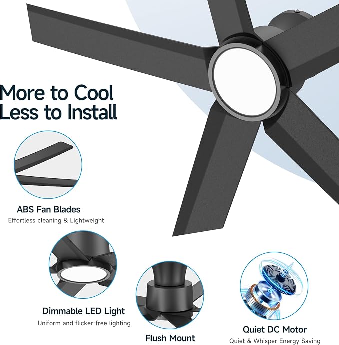 52 inch Ceiling Fans with Lights, Large Air Volume Ceiling Fans with Reversible Quiet DC Motor and Remote(Black), alternate