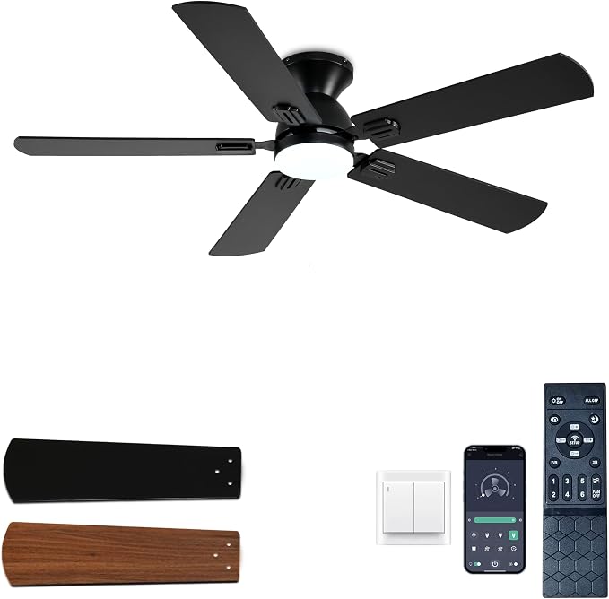 52 inch Ceiling Fans with Lights,Low Profile Ceiling Fan with Remote Control and App, Double-sided Fan Blades, 3CCT Dimmable