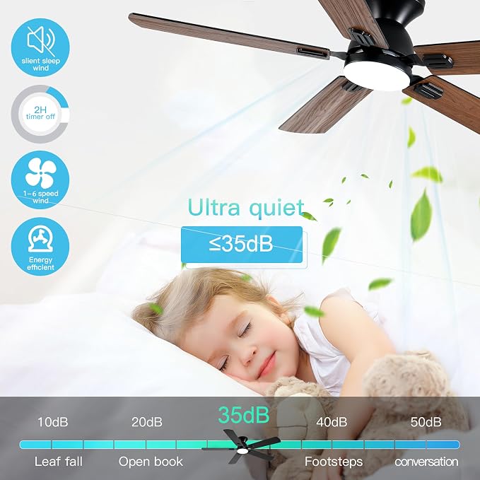 52 inch Ceiling Fans with Lights,Low Profile Ceiling Fan with Remote Control and App, Double-sided Fan Blades, 3CCT Dimmable