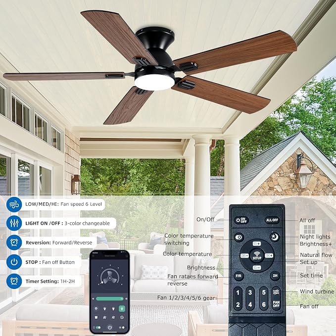 52 inch Ceiling Fans with Lights,Low Profile Ceiling Fan with Remote Control and App, Double-sided Fan Blades, 3CCT Dimmable