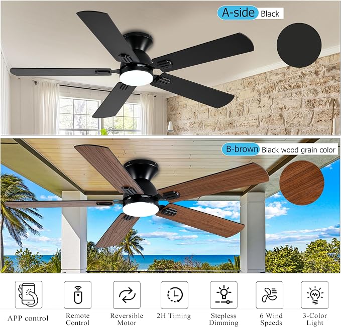 52 inch Ceiling Fans with Lights,Low Profile Ceiling Fan with Remote Control and App, Double-sided Fan Blades, 3CCT Dimmable