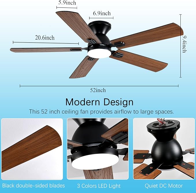 52 inch Ceiling Fans with Lights,Low Profile Ceiling Fan with Remote Control and App, Double-sided Fan Blades, 3CCT Dimmable