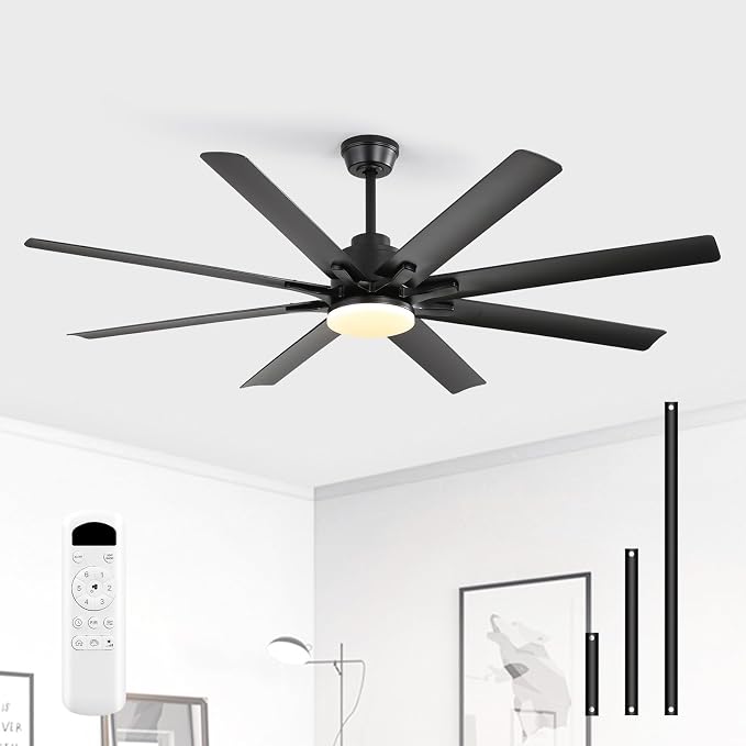 52 Inch Ceiling Fans with Lights, Modern Black Ceiling Fan with Lights and Remote, Reversible DC Motor, 3 CCT, ABS 8 Blades