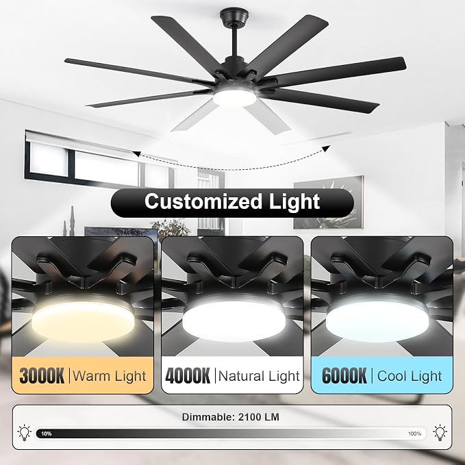 52 Inch Ceiling Fans with Lights, Modern Black Ceiling Fan with Lights and Remote, Reversible DC Motor, 3 CCT, ABS 8 Blades