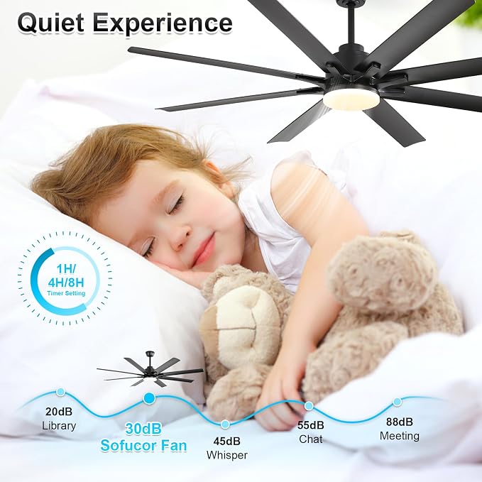 52 Inch Ceiling Fans with Lights, Modern Black Ceiling Fan with Lights and Remote, Reversible DC Motor, 3 CCT, ABS 8 Blades