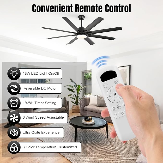 52 Inch Ceiling Fans with Lights, Modern Black Ceiling Fan with Lights and Remote, Reversible DC Motor, 3 CCT, ABS 8 Blades