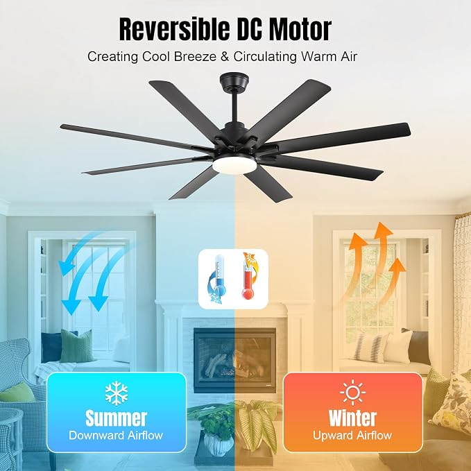 52 Inch Ceiling Fans with Lights, Modern Black Ceiling Fan with Lights and Remote, Reversible DC Motor, 3 CCT, ABS 8 Blades