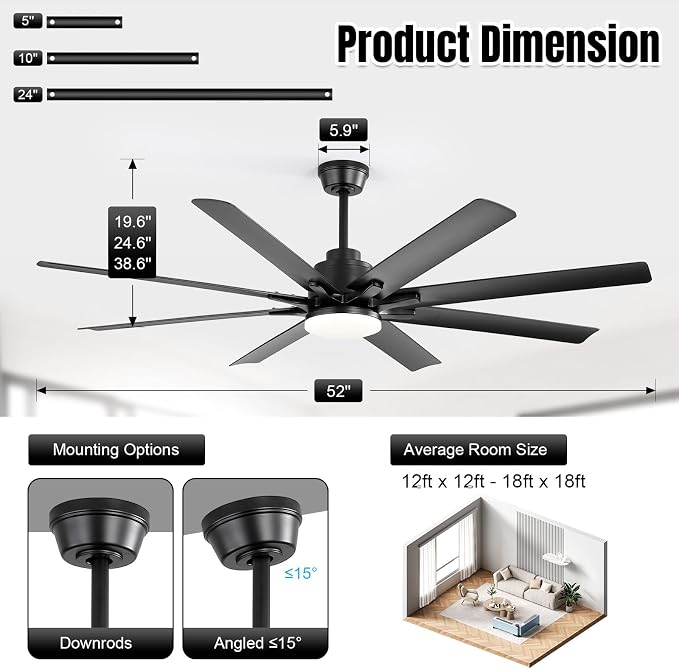 52 Inch Ceiling Fans with Lights, Modern Black Ceiling Fan with Lights and Remote, Reversible DC Motor, 3 CCT, ABS 8 Blades