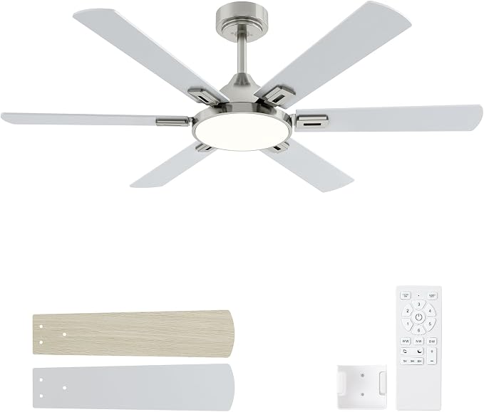 52 Inch Ceiling Fans with Lights: Nickel Ceiling Fan with Light and Remote for Bedroom Living Room Patio - 6 Wooden Blades
