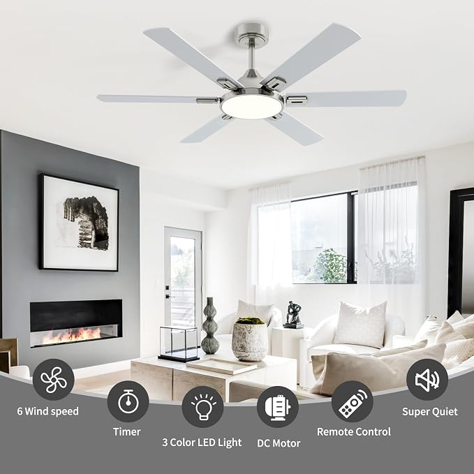 52 Inch Ceiling Fans with Lights: Nickel Ceiling Fan with Light and Remote for Bedroom Living Room Patio - 6 Wooden Blades
