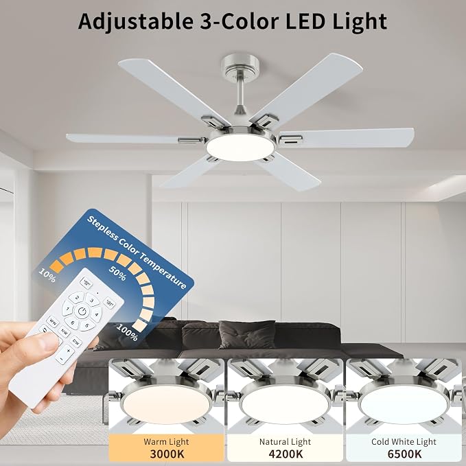 52 Inch Ceiling Fans with Lights: Nickel Ceiling Fan with Light and Remote for Bedroom Living Room Patio - 6 Wooden Blades