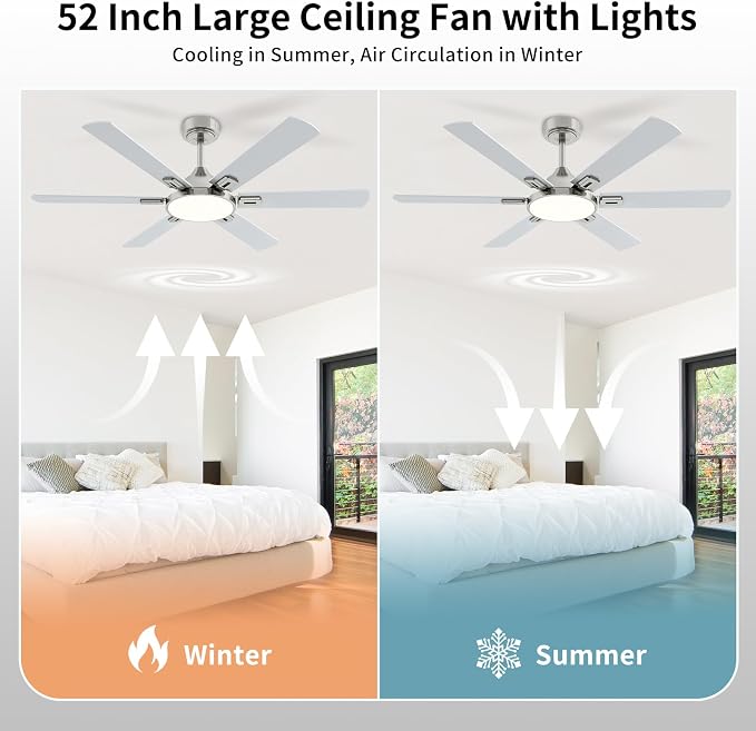 52 Inch Ceiling Fans with Lights: Nickel Ceiling Fan with Light and Remote for Bedroom Living Room Patio - 6 Wooden Blades