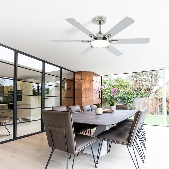 52 Inch Ceiling Fans with Lights: Nickel Ceiling Fan with Light and Remote for Bedroom Living Room Patio - 6 Wooden Blades