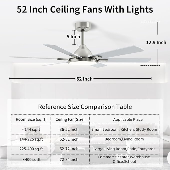 52 Inch Ceiling Fans with Lights: Nickel Ceiling Fan with Light and Remote for Bedroom Living Room Patio - 6 Wooden Blades
