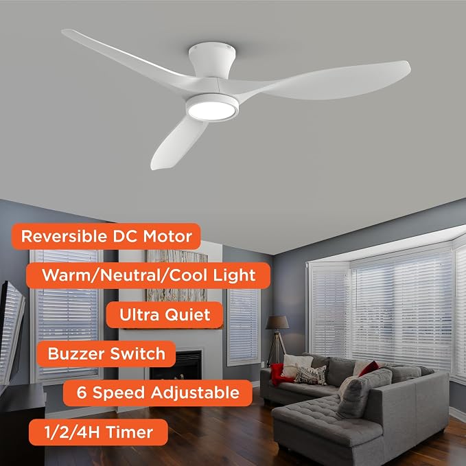52 inch Ceiling Fans with Lights Remote Control, Modern Low Profile Ceiling Fan with Quiet Reversible DC Motor for Bedroom