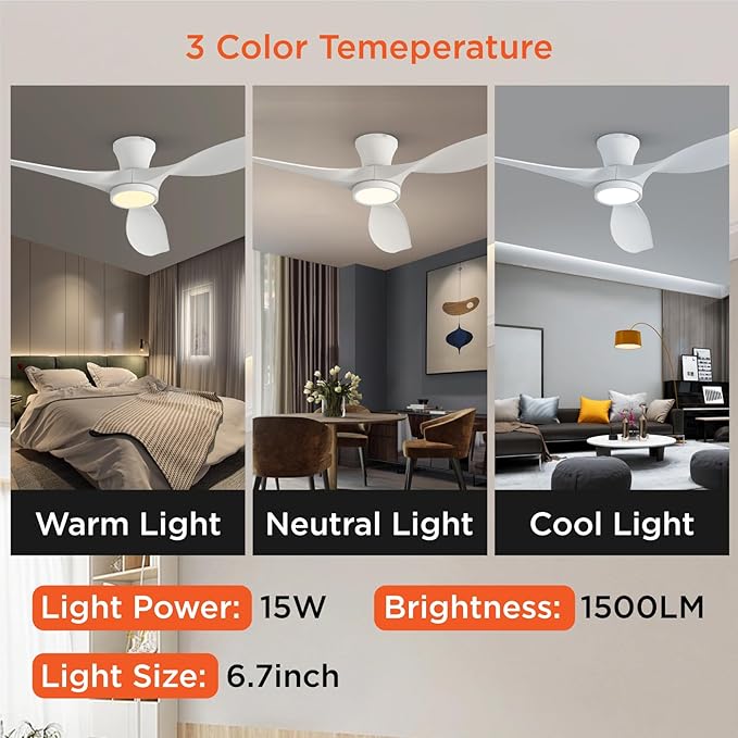 52 inch Ceiling Fans with Lights Remote Control, Modern Low Profile Ceiling Fan with Quiet Reversible DC Motor for Bedroom
