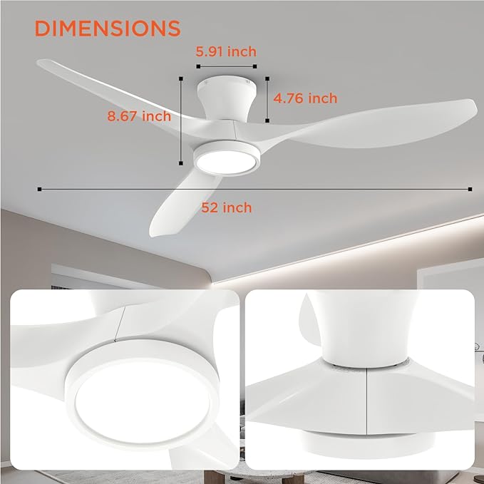 52 inch Ceiling Fans with Lights Remote Control, Modern Low Profile Ceiling Fan with Quiet Reversible DC Motor for Bedroom