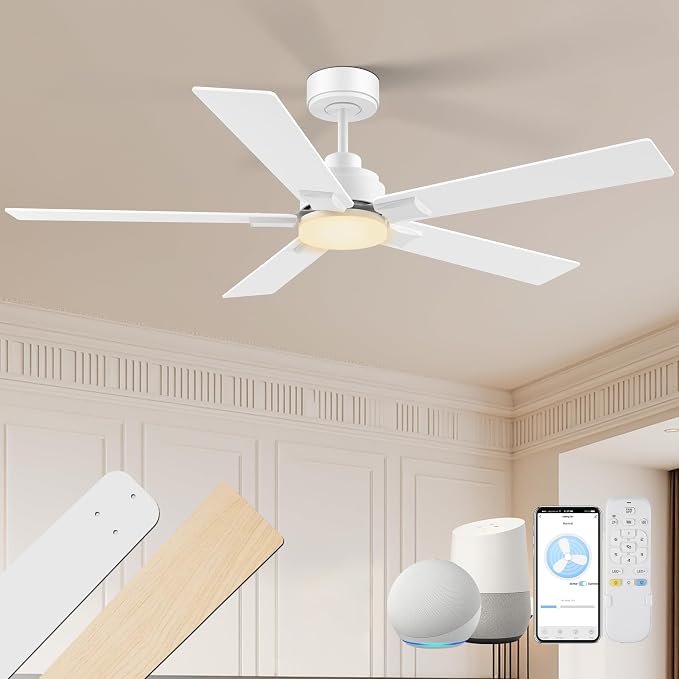 52 Inch Ceiling Fans with Lights, with Light and Remote Control,Alexa,APP,White Indoor Outdoor Ceiling Fans