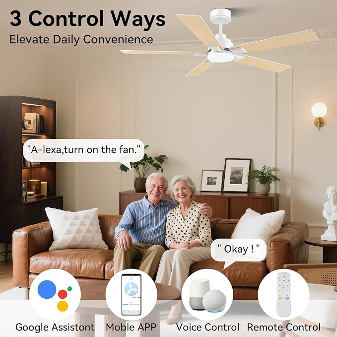 52 Inch Ceiling Fans with Lights, with Light and Remote Control,Alexa,APP,White Indoor Outdoor Ceiling Fans