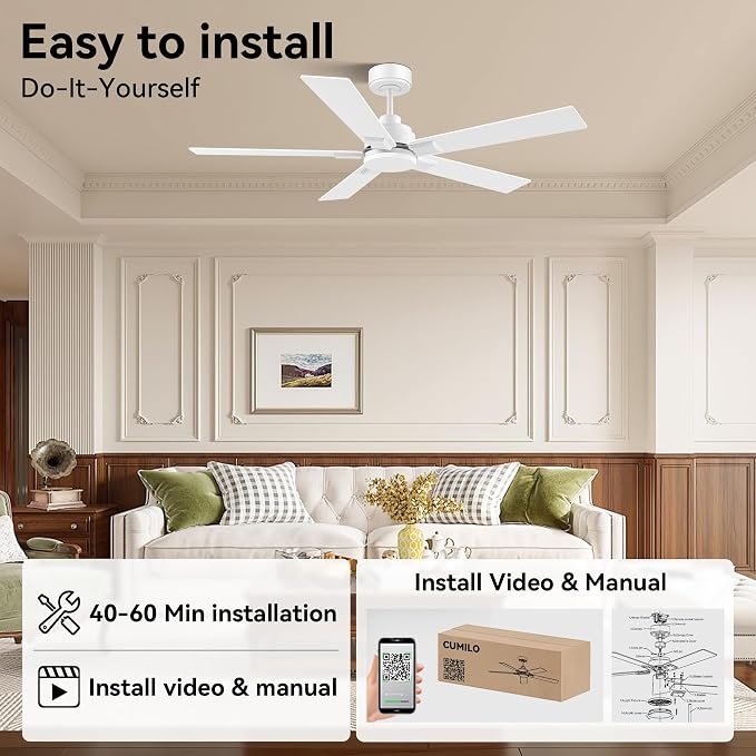 52 Inch Ceiling Fans with Lights, with Light and Remote Control,Alexa,APP,White Indoor Outdoor Ceiling Fans