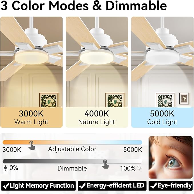 52 Inch Ceiling Fans with Lights, with Light and Remote Control,Alexa,APP,White Indoor Outdoor Ceiling Fans