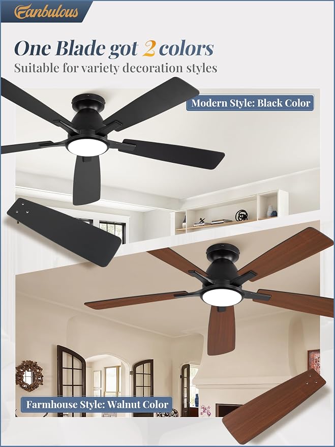 52 inch Ceiling Fans with Lights, Smart Flush Mount Ceiling Fan and Remote APP, Modern Low Profile, 3CCT 20W LED with