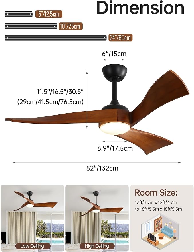 52 Inch Ceiling Fans with Lights, Solid Wood Indoor/Outdoor Ceiling Fan with Remote, Reversible DC Motor, 3 Blade Modern