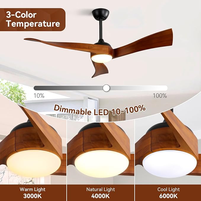 52 Inch Ceiling Fans with Lights, Solid Wood Indoor/Outdoor Ceiling Fan with Remote, Reversible DC Motor, 3 Blade Modern