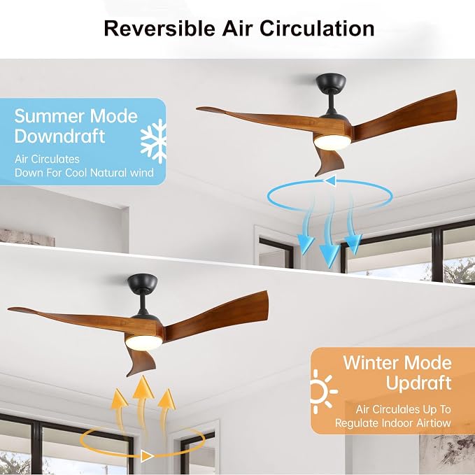 52 Inch Ceiling Fans with Lights, Solid Wood Indoor/Outdoor Ceiling Fan with Remote, Reversible DC Motor, 3 Blade Modern