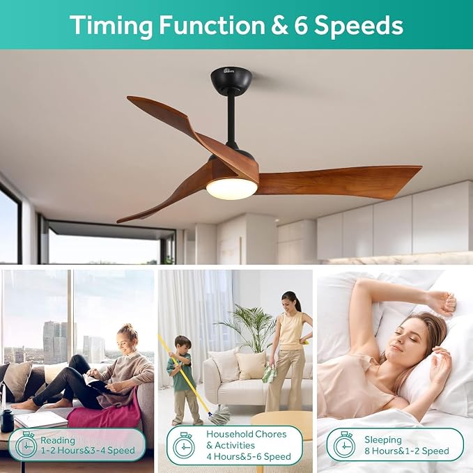 52 Inch Ceiling Fans with Lights, Solid Wood Indoor/Outdoor Ceiling Fan with Remote, Reversible DC Motor, 3 Blade Modern