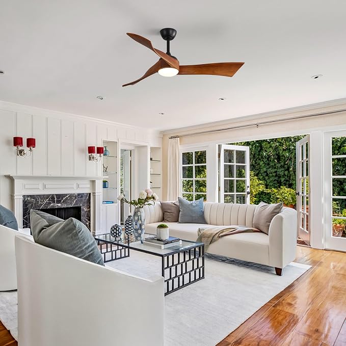 52 Inch Ceiling Fans with Lights, Solid Wood Indoor/Outdoor Ceiling Fan with Remote, Reversible DC Motor, 3 Blade Modern